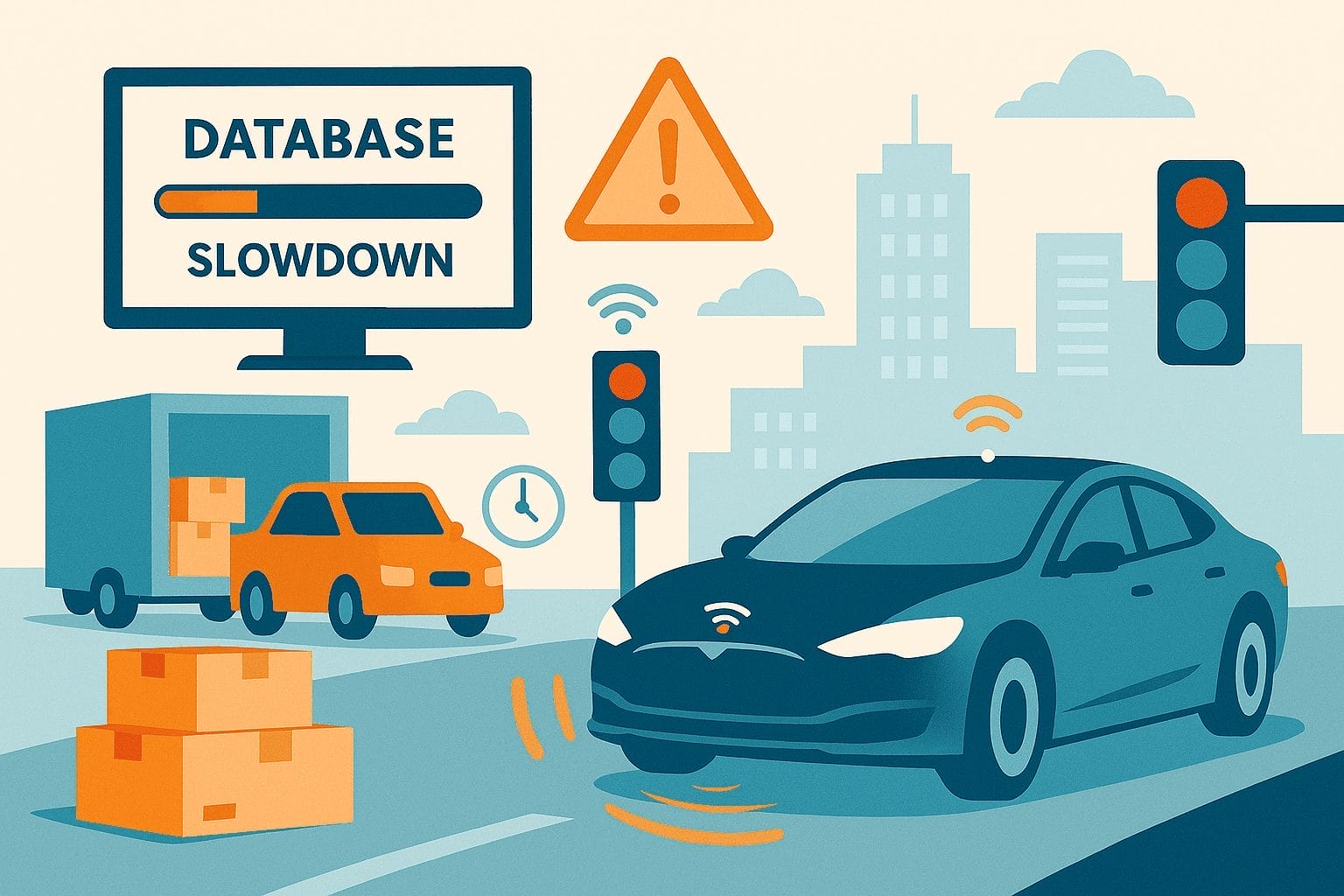 Illustration of an autonomous vehicle stopped at a traffic light, a truck with boxes, and a warning about databases slowdown on a computer screen impacting real-time decisions.