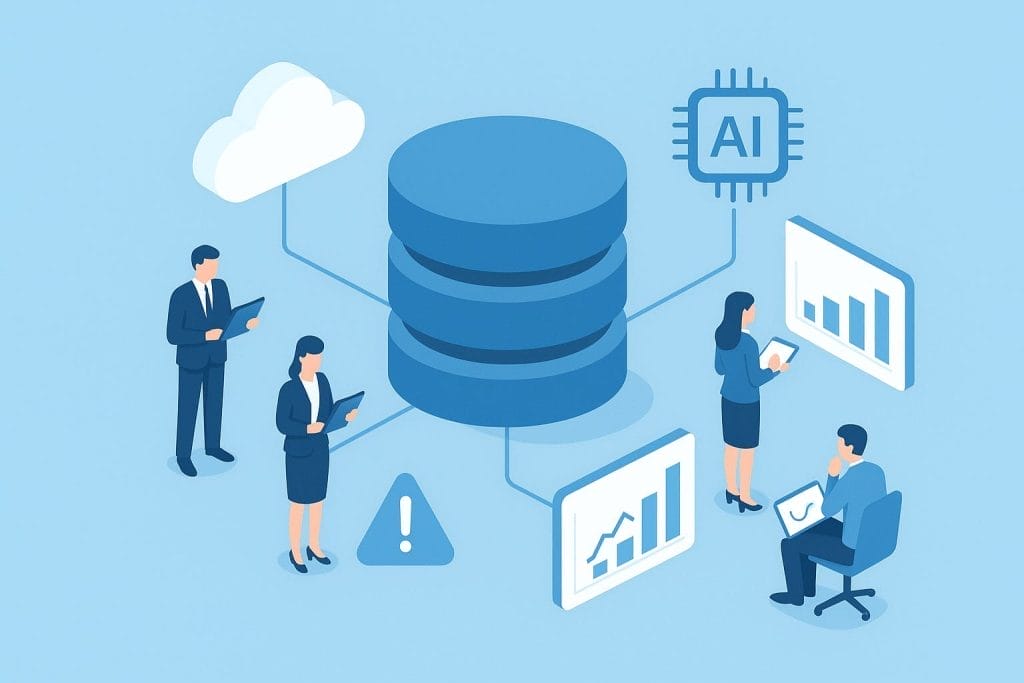 Illustration of business people analyzing data, with database, cloud, AI chip icons, warning symbol, and charts connected by lines, highlighting databases and performance risks in managing modern data and technology concepts.