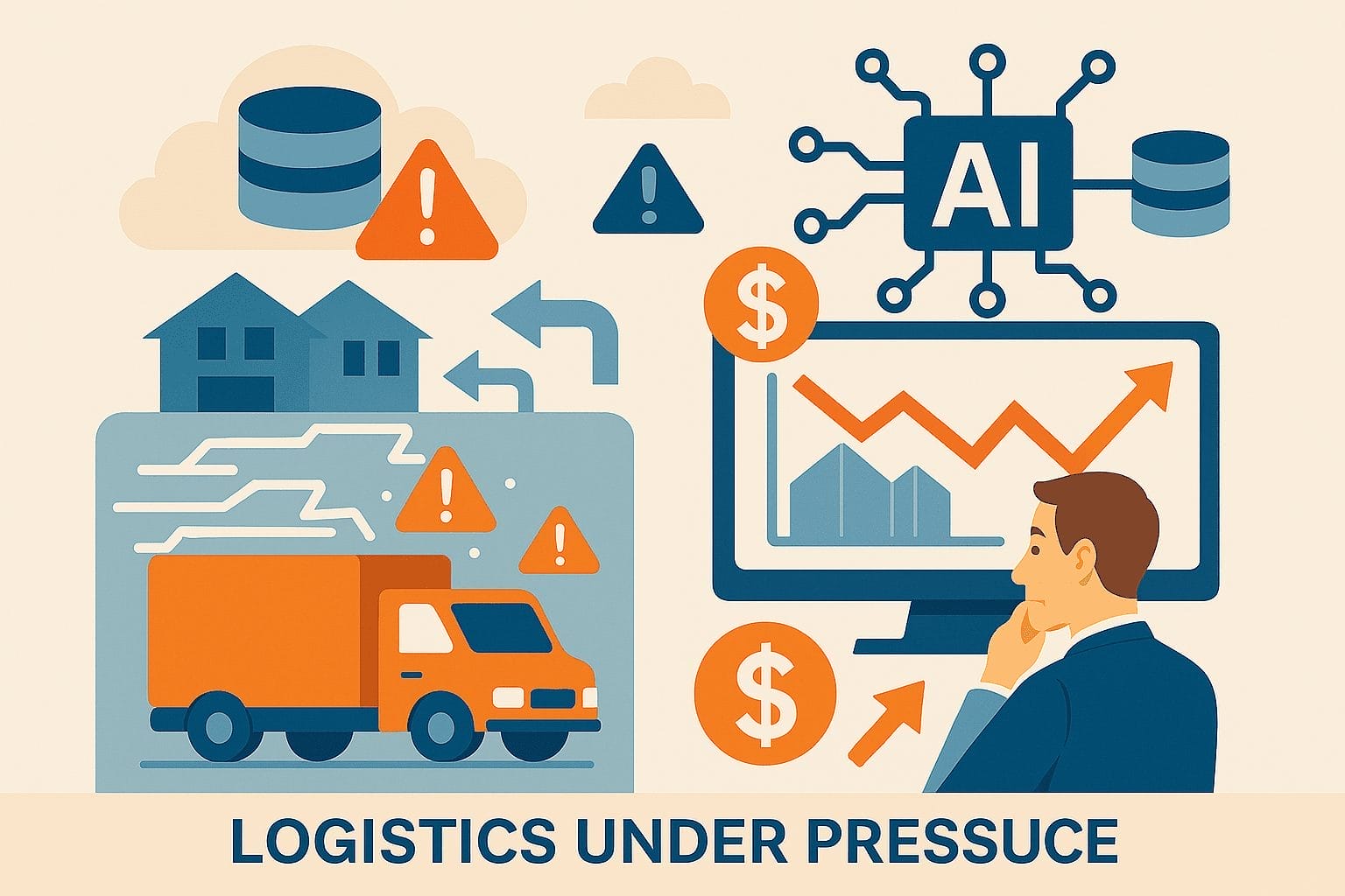 Illustration of logistics challenges with warning signs, a delivery truck, rising costs, database slowdowns, and AI analysis; a person studies a screen with upward financial graphs. Text reads "LOGISTICS UNDER PRESSURE.