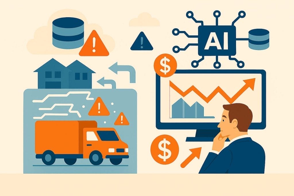 A person analyzes AI-generated data on a computer screen, with graphics of a delivery truck, dollar signs, warning symbols, and charts representing logistics, supply chains, and potential financial risk.