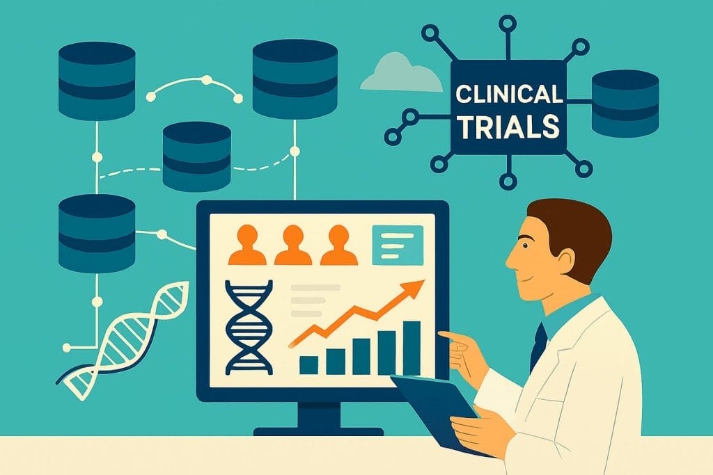 Illustration of a researcher analyzing clinical trial data on a computer, with icons for databases, DNA, and graphs representing medical research and data analysis.