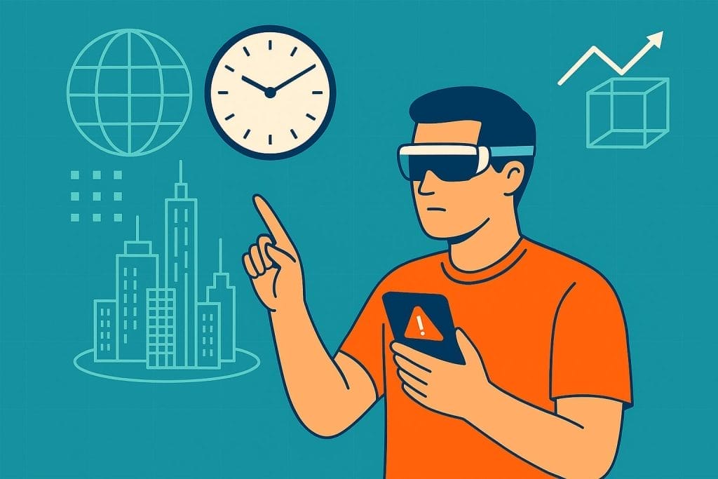 Illustration of a person wearing smart glasses and holding a phone with an alert symbol, interacting with virtual icons like a clock, globe, buildings, and a graph—showcasing AR in Real Time and immersive tech for enhanced data performance.