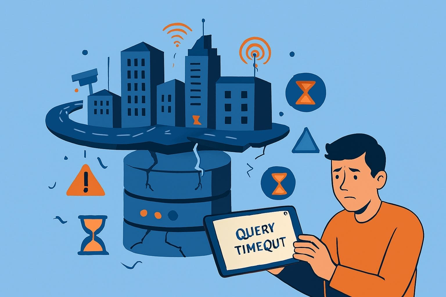 A person holds a tablet displaying "QUERY TIMEOUT" next to a cracked server supporting a smart city, with warning and hourglass icons highlighting the database bottlenecks challenging urban innovation.
