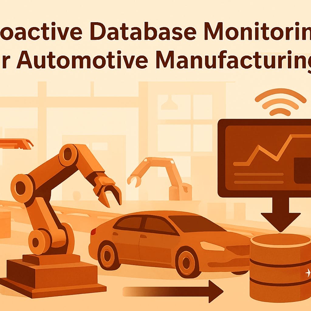An illustration showing robotic arms, a car, and a database with a monitor displaying data trends, highlighting how proactive database monitoring prevents downtime in automotive manufacturing.