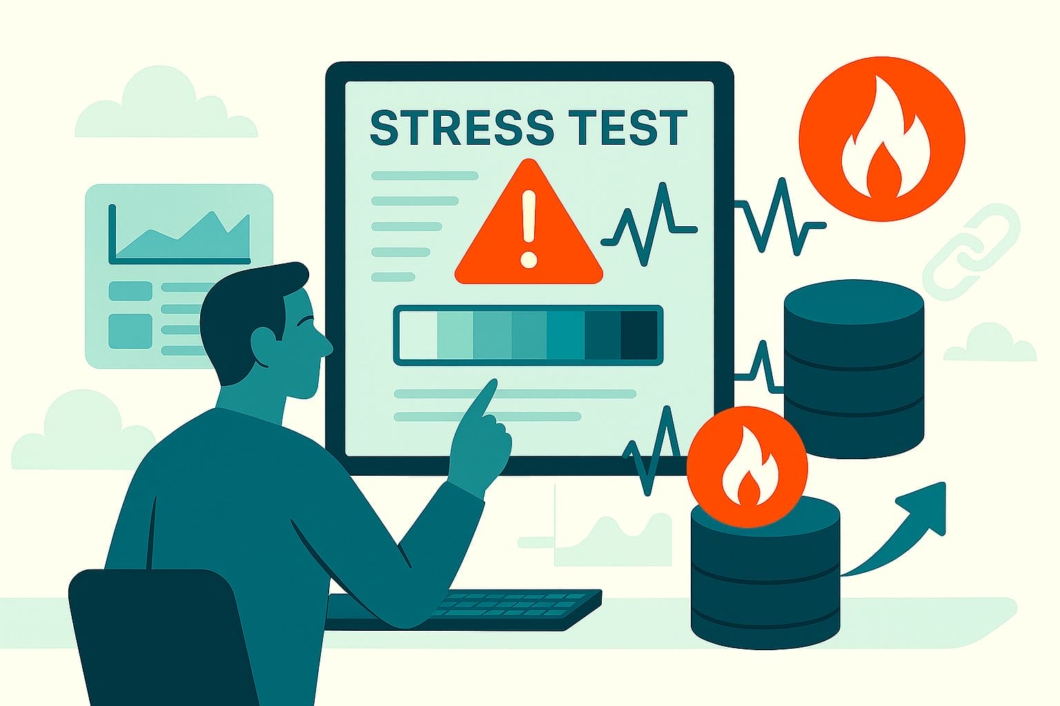 Illustration of a person analyzing a computer screen that displays "STRESS TEST" with warning icons, data charts, and images of burning database stacks—highlighting Database Stress Testing for Mission-Critical Systems.