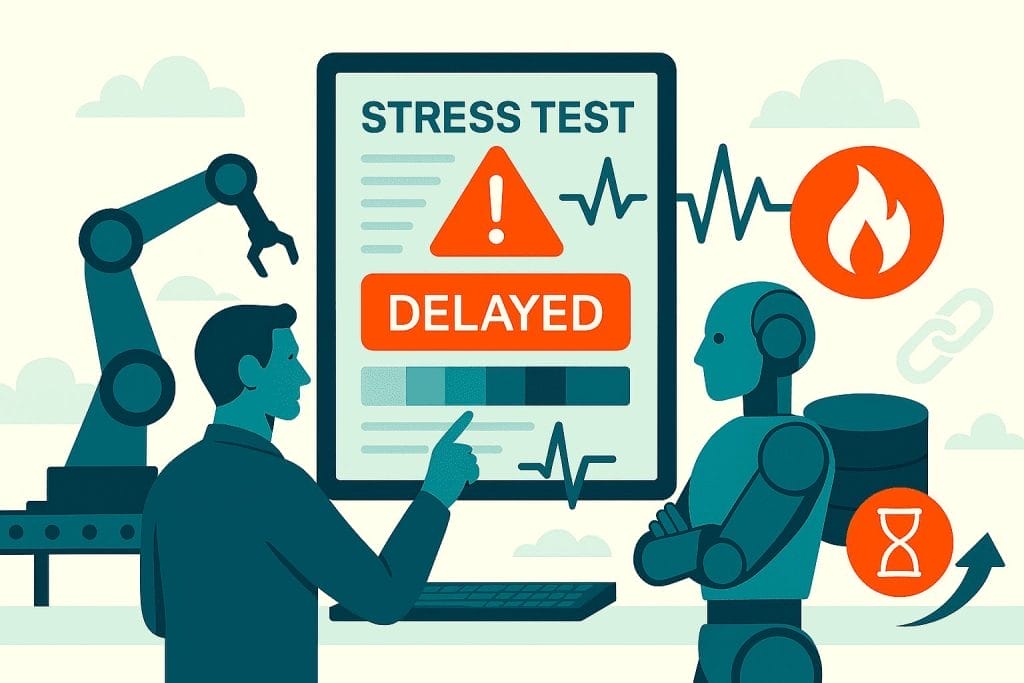 A human and a robot discuss a screen showing a stress test delayed warning, with symbols for fire, time, and a mechanical arm in the background.