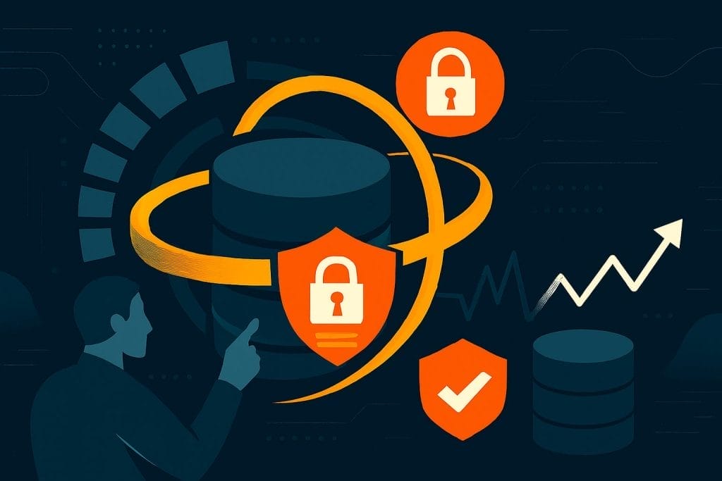 Illustration of a person pointing at a database surrounded by padlock icons and a checkmark, representing Zero-Trust Architecture and emphasizing data security and growth.