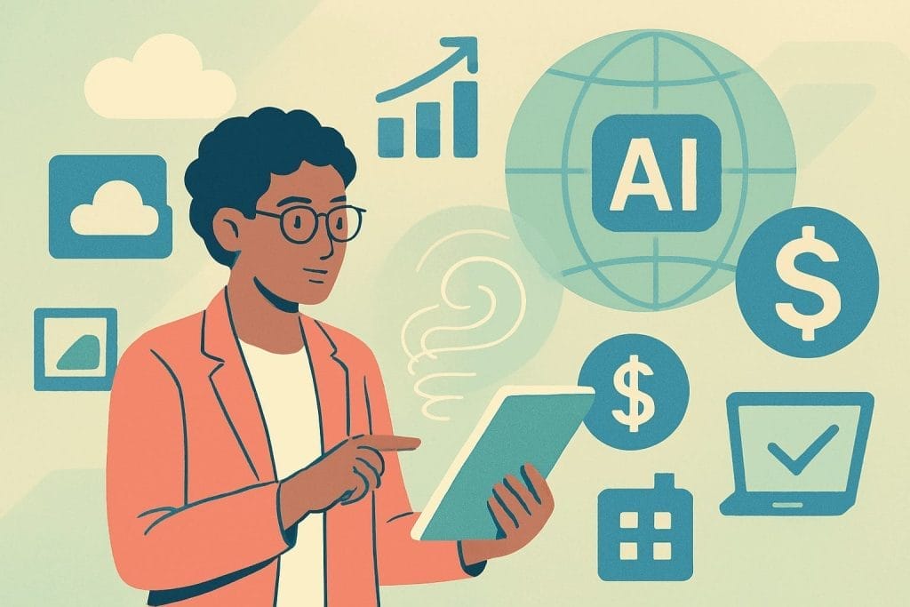 Illustration of a person using a tablet surrounded by icons representing AI, finance, cloud storage, graphs, technology, and energy trading platforms highlighting latency in data.
