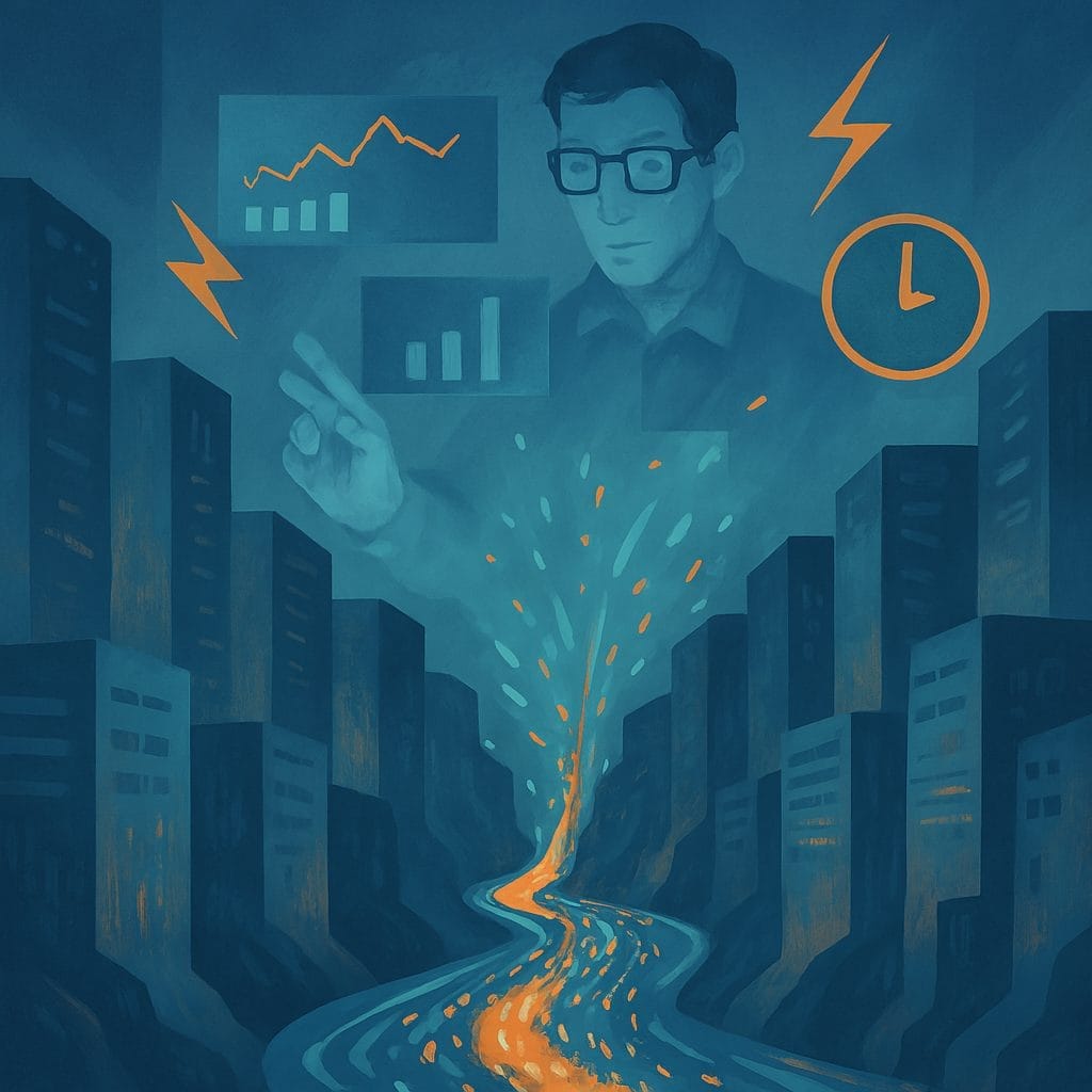 A man with glasses appears above a cityscape, interacting with floating data charts and a clock, while a glowing path—symbolic of supercomputing breakthroughs—runs through the center of the city.