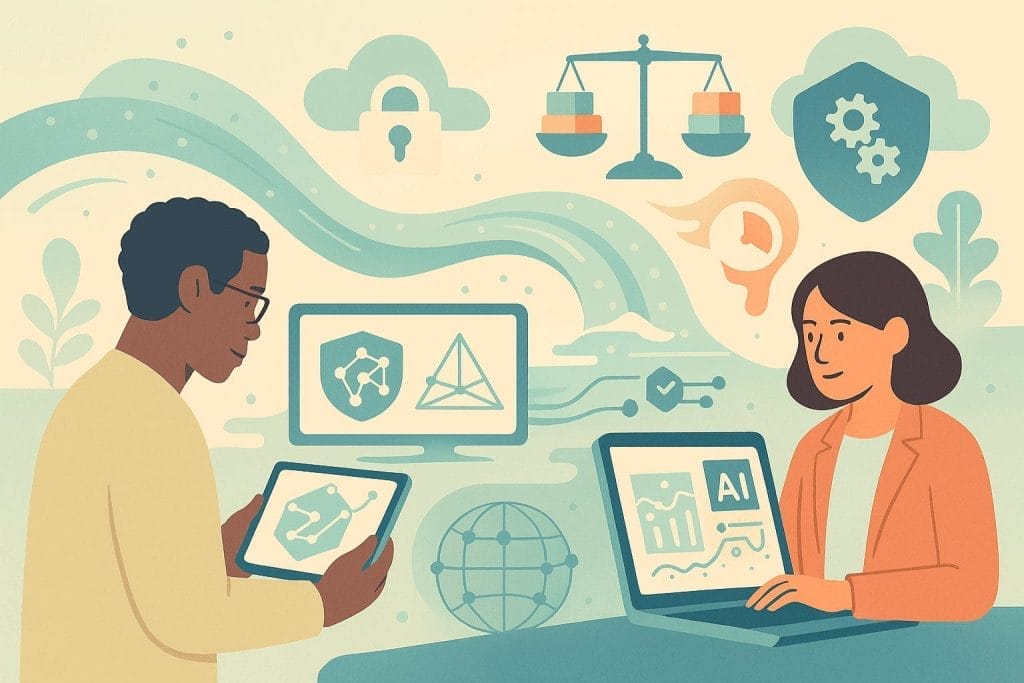 Two people work with digital devices surrounded by icons of AI, security, scales of justice, and technology, representing artificial intelligence, database optimization, and ethical considerations.