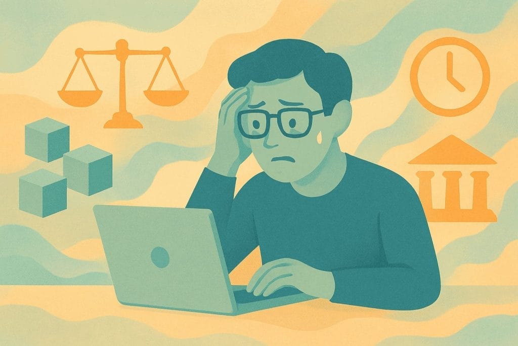 An anxious person sits at a laptop, surrounded by icons of a scale, clock, blocks, and a government building, suggesting stress over managing data or court data with LawTech in legal or bureaucratic matters.