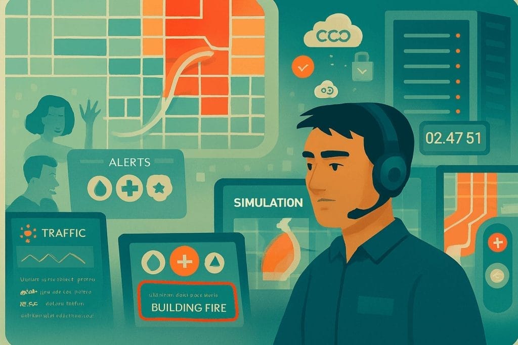 A man wearing a headset monitors multiple digital screens displaying alerts, simulation data, traffic updates, and a building fire notification amid DB overload at 911 call centers.