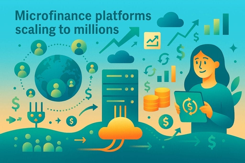 Illustration of a woman holding a tablet with financial icons, graphs, and cloud computing imagery, representing microfinance platforms scaling to millions through enhanced microfinance scalability.