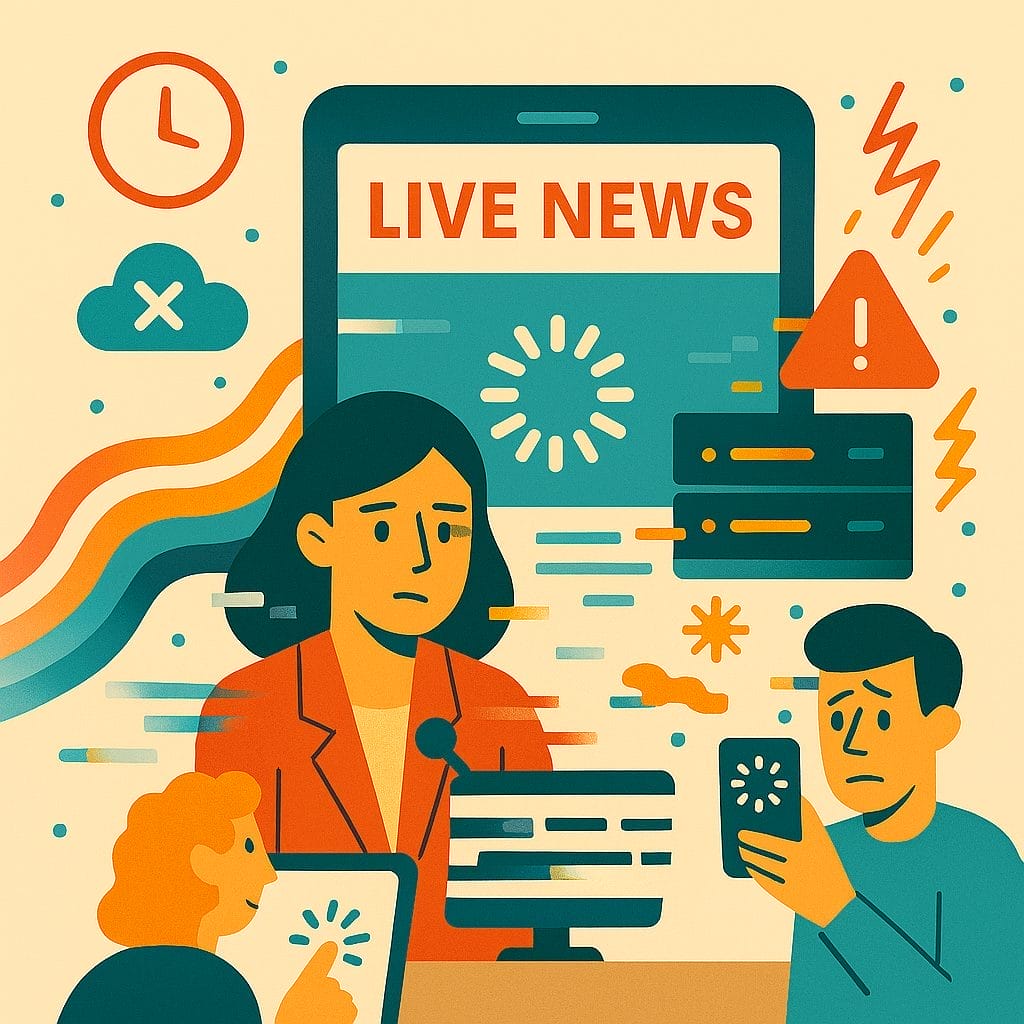 Illustration of breaking news broadcast disrupted by technical issues, with a concerned anchor, a frozen "Live News" screen, and people frustrated by slow-loading devices.