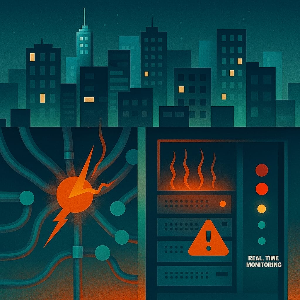 Illustration of a city skyline at night with an electrical panel overheating, warning lights activated, and the words "Real Time Monitoring" displayed—highlighting the role of Smart Grids in preventing blackouts.