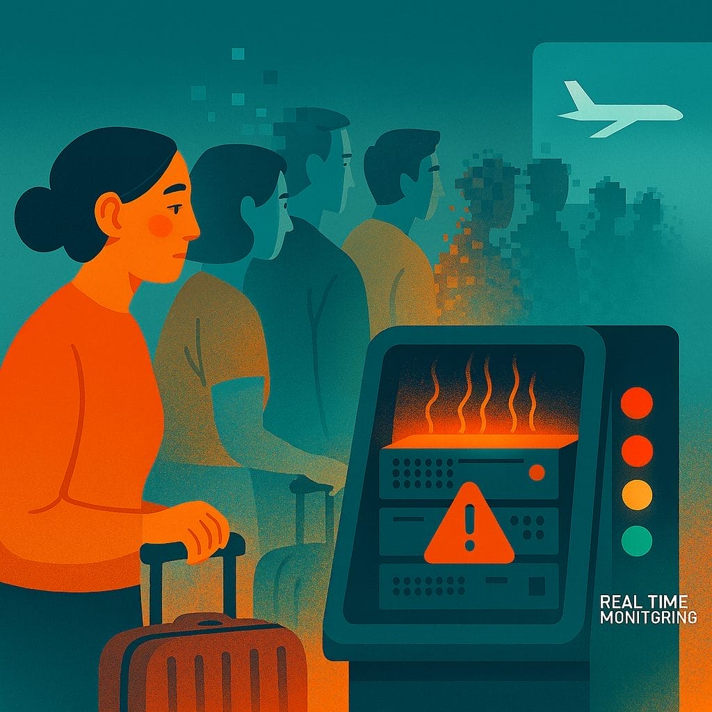 A woman with luggage stands near a self-service airport kiosk displaying an error warning, while passengers wait in digital queues; a plane icon and "Real Time Monitoring" text appear in the background.