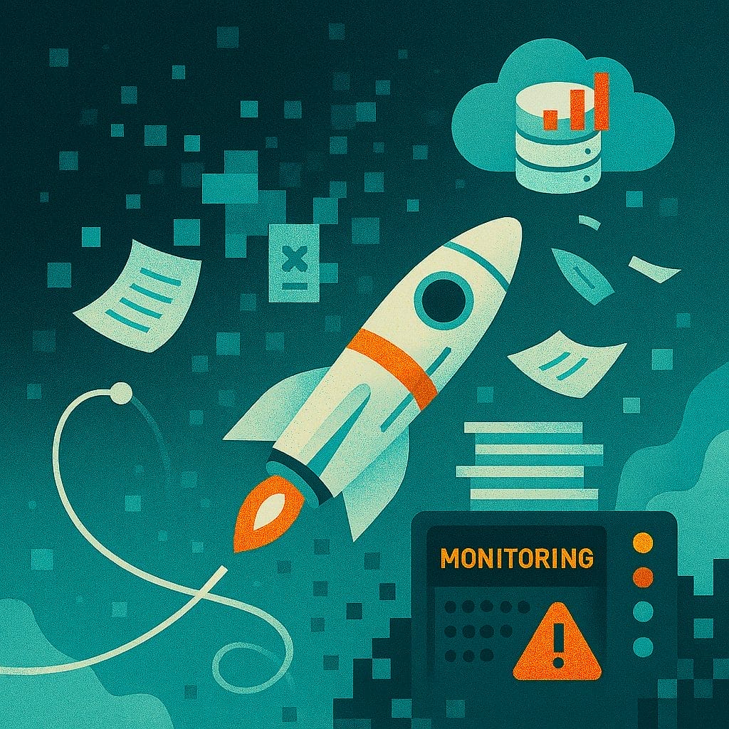 Illustration of a rocket taking off, surrounded by documents, a cloud with a chart, and a monitor labeled "Monitoring" with a warning symbol—depicting the challenges of space research simulations and DB overload.