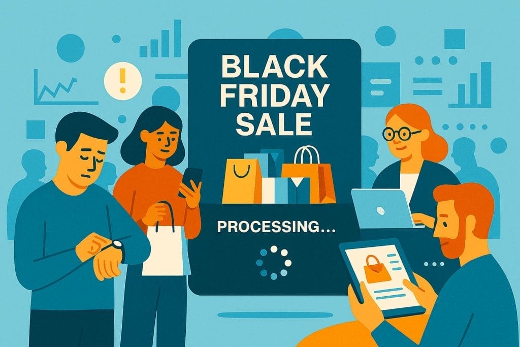 Illustration of people shopping online during a Black Friday sale, with shopping bags, charts, a "processing" message on screen, and hints of e-commerce crashes due to DB latency in the background.