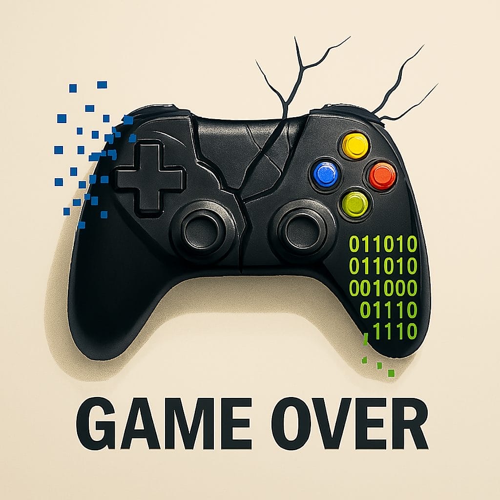 A cracked game controller with pixelated pieces and binary code, symbolizing DB delays and automation, above the words "GAME OVER" in bold letters.