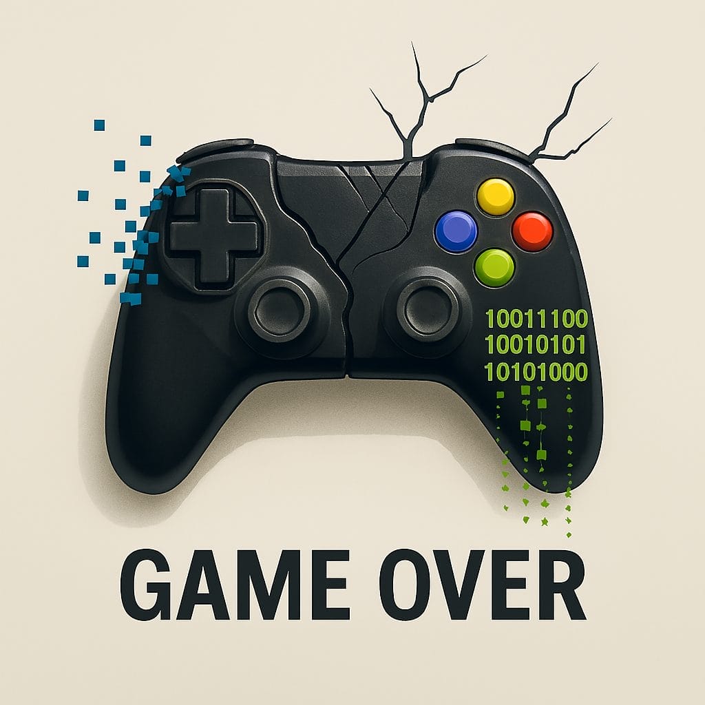 A cracked video game controller with pixelated and binary code effects&mdash;like DB lag in esports tournaments&mdash;above the words &ldquo;GAME OVER&rdquo; on a plain background.