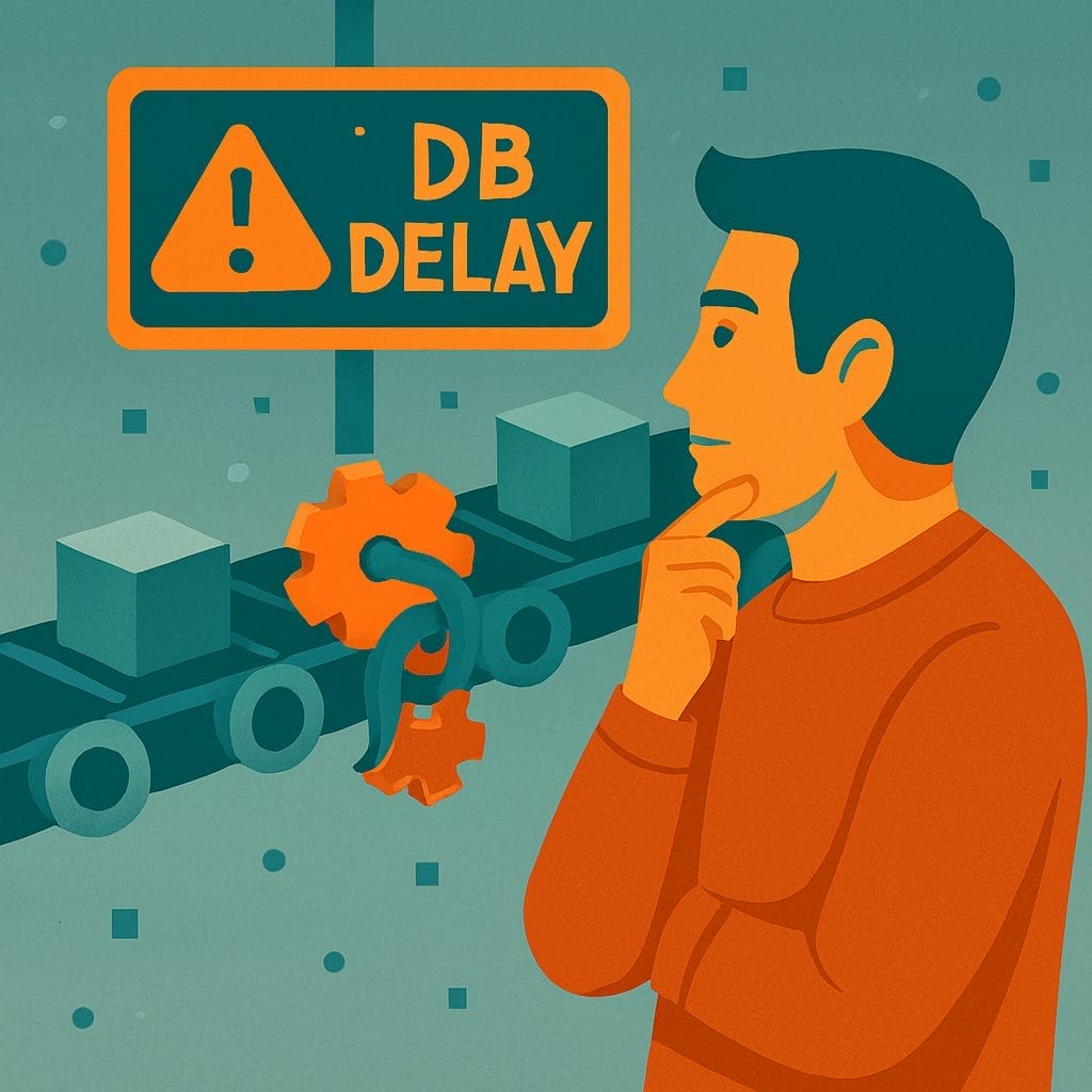 Illustration of a person thinking beside a conveyor belt with a broken gear and a sign that reads “DB DELAY” with an exclamation mark warning symbol, highlighting automation challenges in digital twin factories.