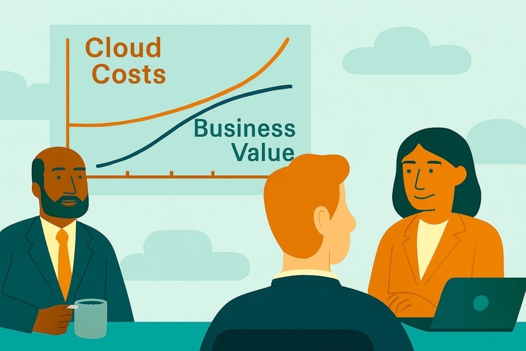 Three people in business attire sit at a table, with a chart behind them showing cloud costs rising faster than business value, highlighting the need for effective cost management as organizations focus on scaling.