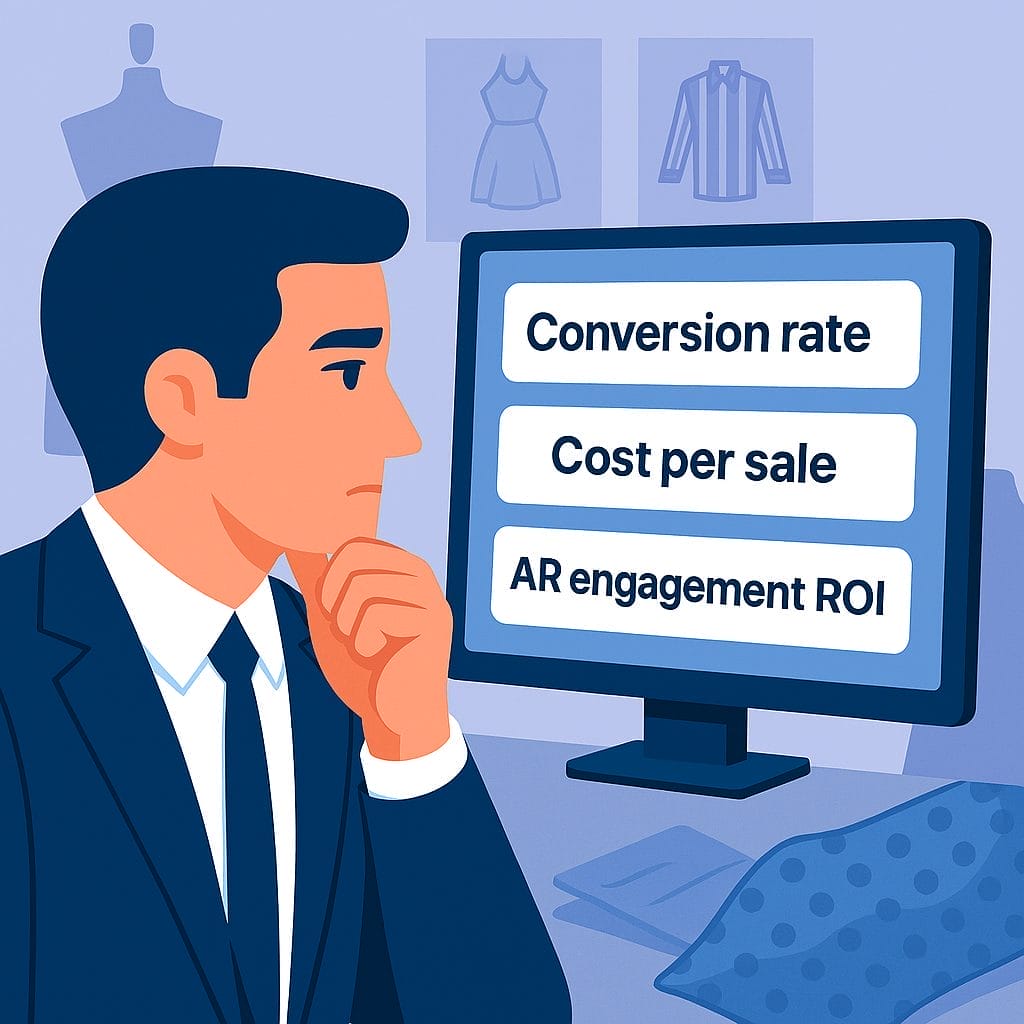A man in a suit looks thoughtfully at a computer screen displaying the terms "Conversion rate," "Cost per sale," and "AR engagement ROI" in an office setting, analyzing Fashion retail trends to minimize IT overspend.