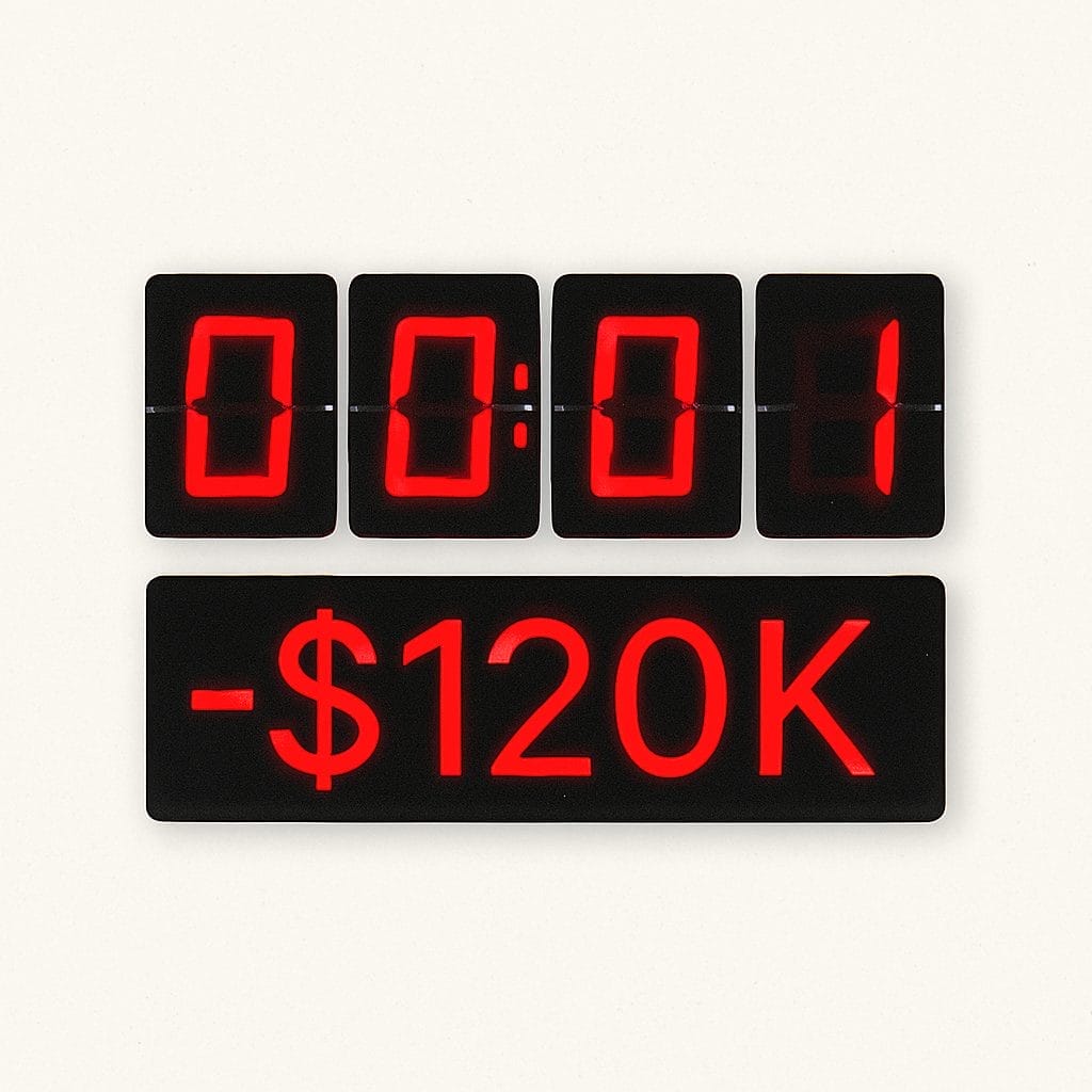 A digital display shows the numbers 0001 above a sign reading -$120K in bright red text on a black background, illustrating database optimization challenges faced by a manufacturing firm.