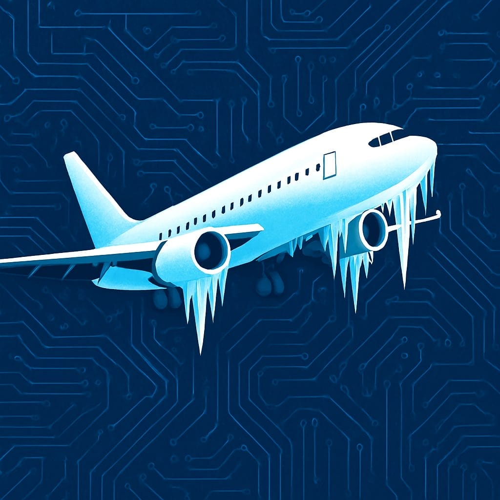 A white airplane with icicles hanging from its wings and engines, flying against a blue background with a circuit board pattern, symbolizes aviation disruptions and IT challenge impacting booking systems.