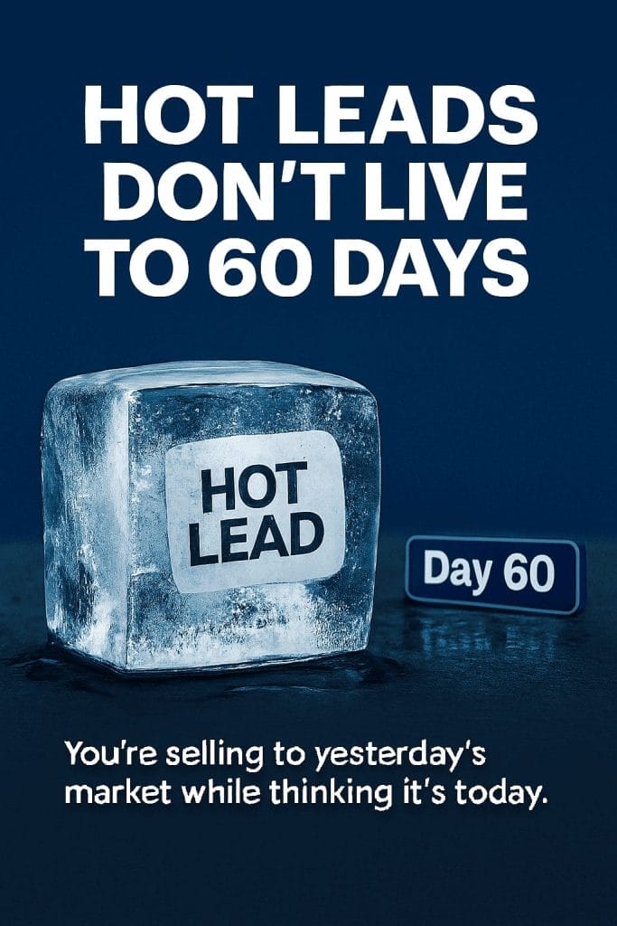 A block of ice labeled "Hot Lead" sits next to a sign reading "Day 60" with text above stating, "Sales teams lose deals when hot leads don’t live to 60 days.