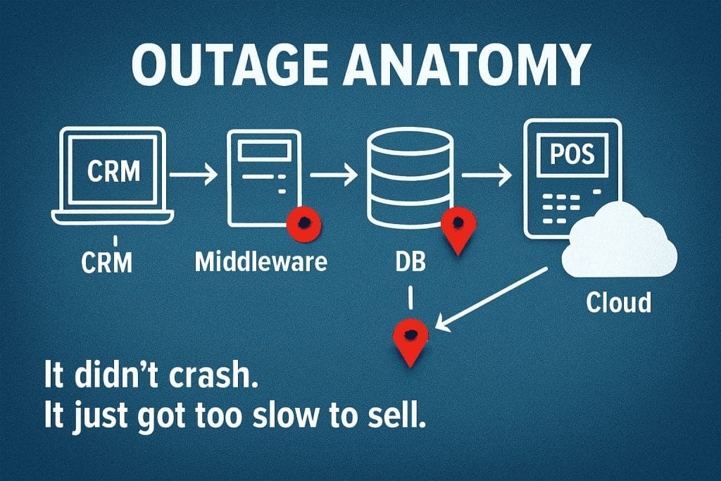 Diagram titled "Outage Anatomy" highlights slowdown points across CRM, Middleware, DB, POS, and Cloud. Text notes performance was too slow to sell—no crash occurred—causing revenue leak due to limited data visibility, not full downtime.