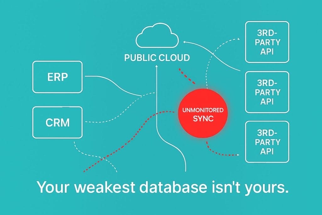 Diagram showing ERP and CRM systems connecting to 3rd-party APIs via a public cloud, with a red "unmonitored sync" highlighting cybersecurity risks. Text reads: "Your weakest database isn't yours.