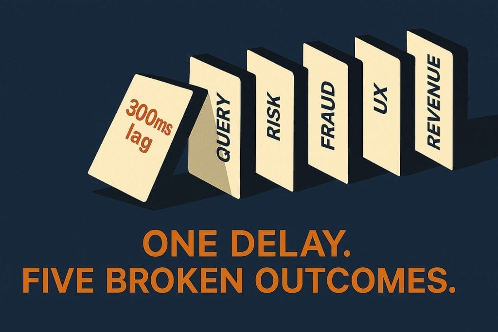 Illustration of five dominoes labeled "QUERY," "RISK," "FRAUD," "UX," and "REVENUE." The first domino shows “300ms lag”—reminding us how a brief delay can cost millions when payments stall. Caption: “One delay. Five broken outcomes.”.