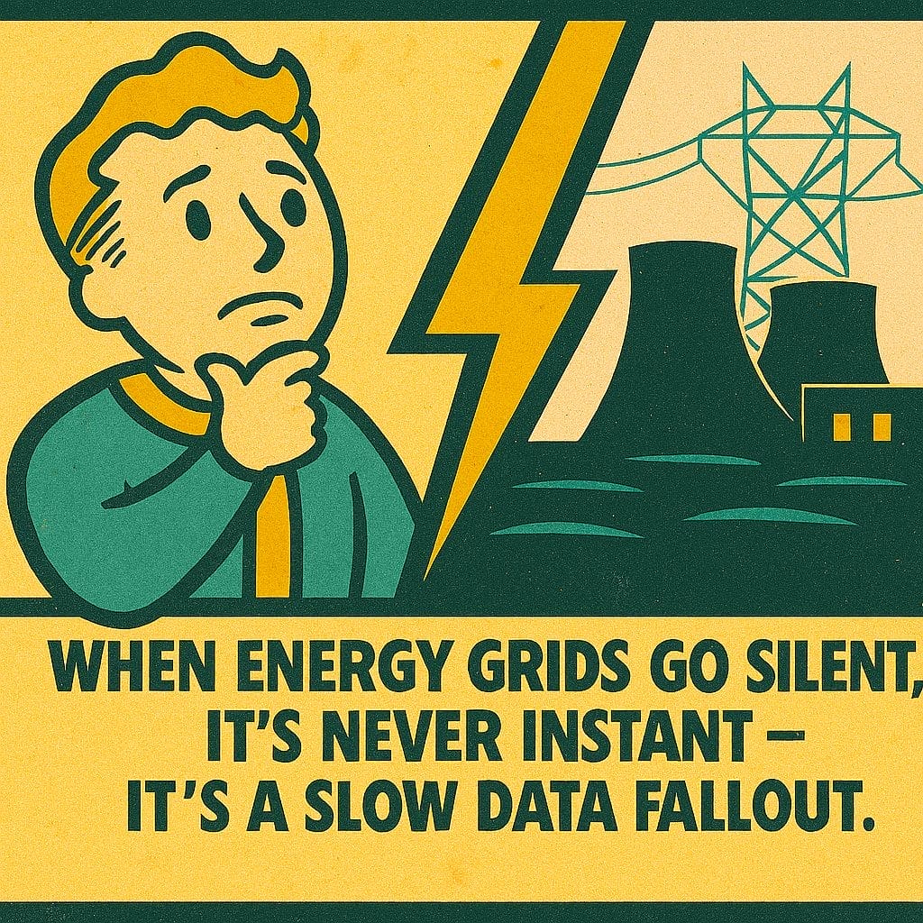 Cartoon person thinking beside a lightning bolt, power lines, and cooling towers, with text about how grid failure can impact data lag and highlights the importance of energy resilience.