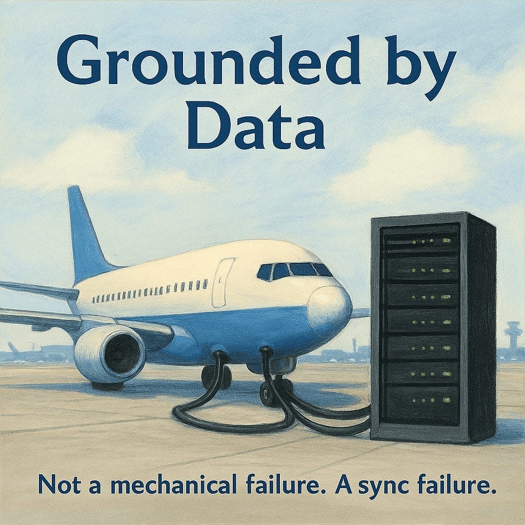 A commercial airplane is connected to a server rack by thick cables. Text reads: "Grounded by Data. Not a mechanical failure. An Alaska Air IT outage grounded flights—testing operational resilience.