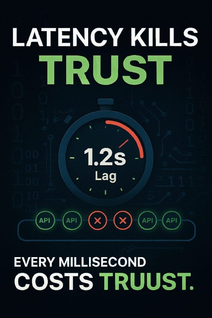 A graphic shows "Latency kills trust" above a stopwatch reading "1.2s lag," with API icons and text: "Every millisecond costs performance and trust—especially with Open Banking APIs.