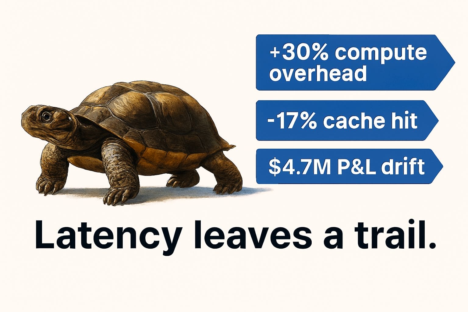 A turtle next to arrows listing +30% compute overhead, -17% cache hit, and $4.7M P&L drift; large text below reads "Latency leaves a trail—even a small fintech outage can create risk.