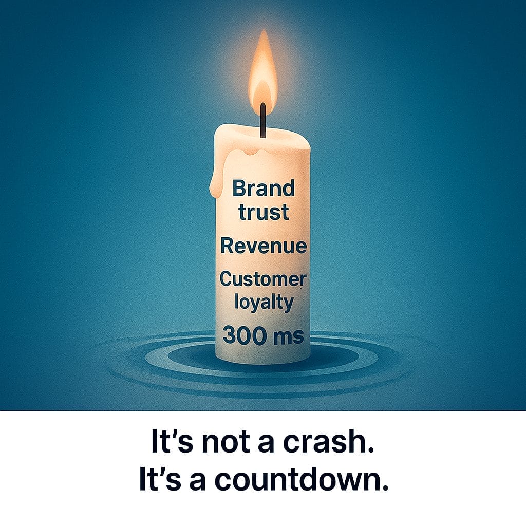 A lit candle labeled "Brand trust, Revenue, Customer loyalty, 300 ms" burns down—text below: "It's not a crash. It's a countdown from downtime.