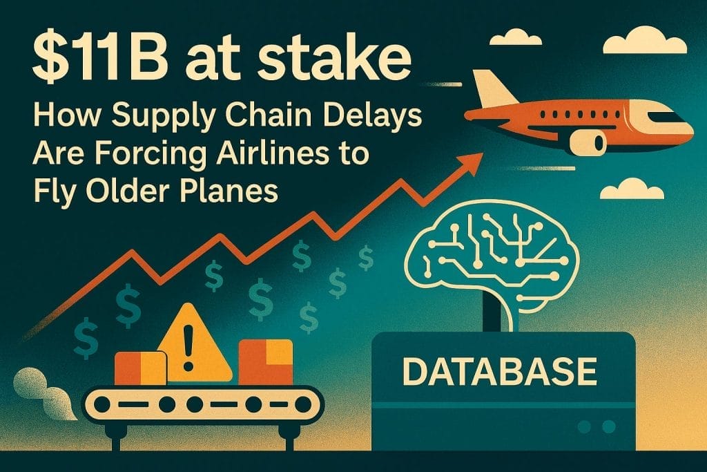Illustration featuring a rising arrow, an airplane, and machinery with warning signs, depicting airlines facing supply-chain delays and database analysis of older planes, under the headline "$11B at stake.