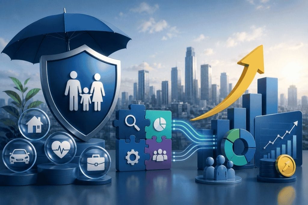 A digital illustration of insurance and financial growth symbols, including a shield with a family, bar graphs, an upward arrow, and city buildings in the background.